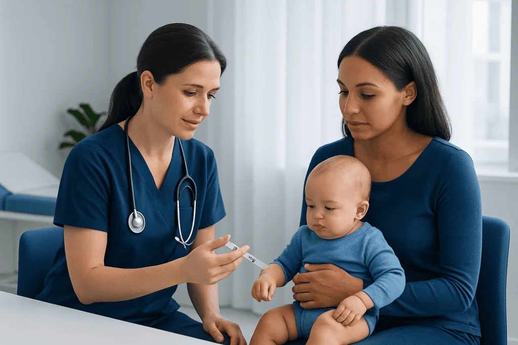 Pediatric vaccination consultation at Acibadem Hospital with doctor and mother.