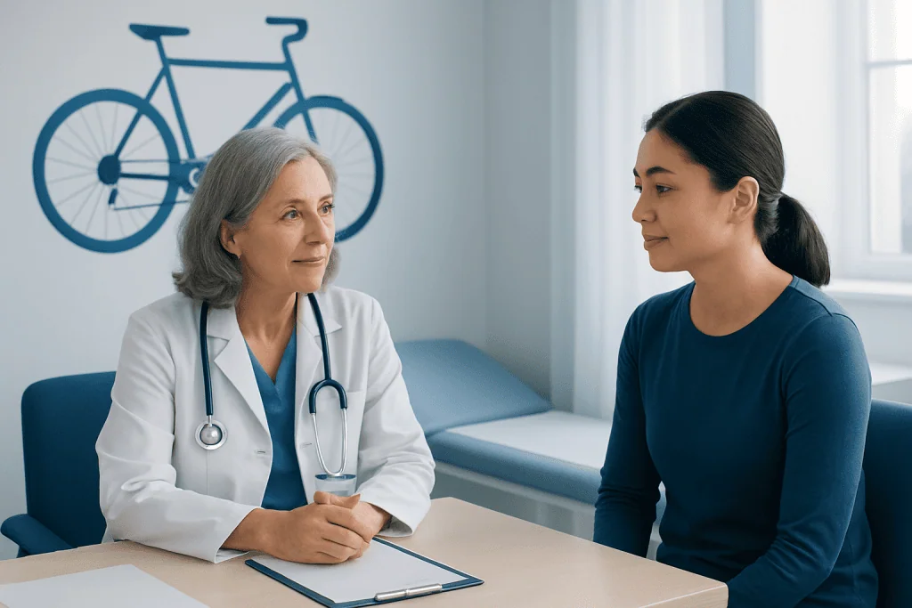 Doctor consulting with a young woman in a medical office with a bicycle illustration on the wall.