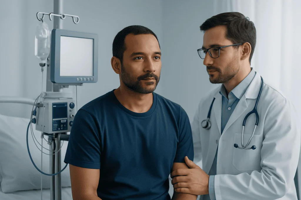 Doctor consulting male patient in hospital room with medical equipment.