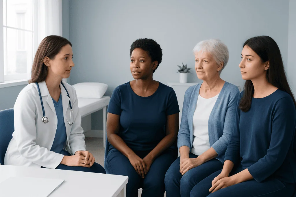 Doctor consulting with diverse women in a medical office setting.