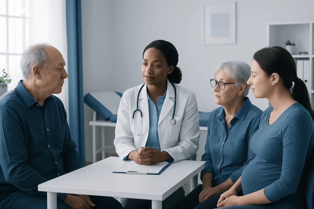 Doctor consulting with elderly patients in a hospital setting.