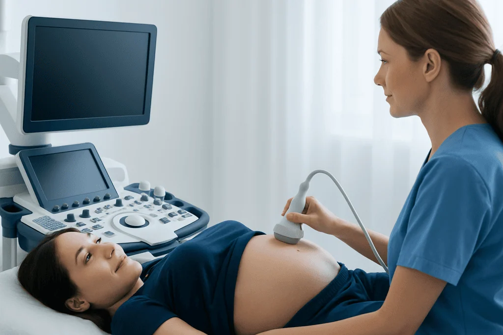 Pregnant woman undergoing ultrasound scan in a medical clinic.