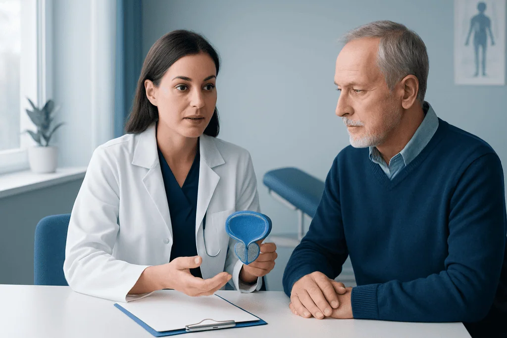 Urologist explaining prostate health to a patient in a clinic setting.