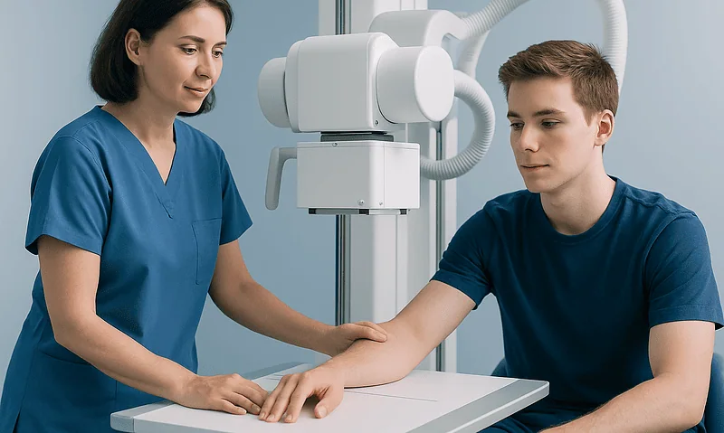 Medical professional performing X-ray examination on a young male patient.
