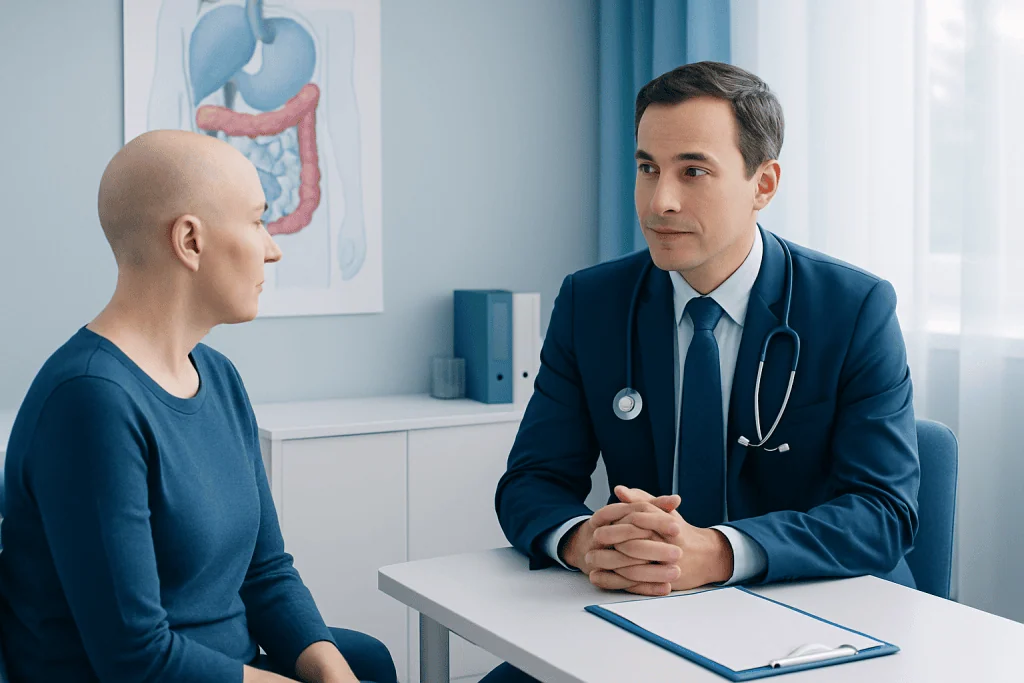 Doctor consulting with a patient in a medical office with digestive system diagram.