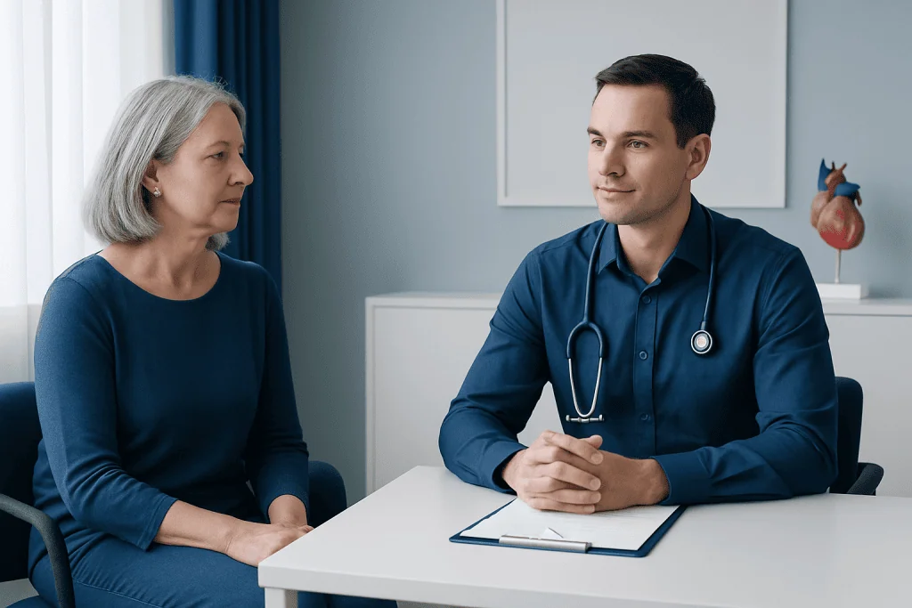 Doctor consulting with an elderly female patient in a medical office.