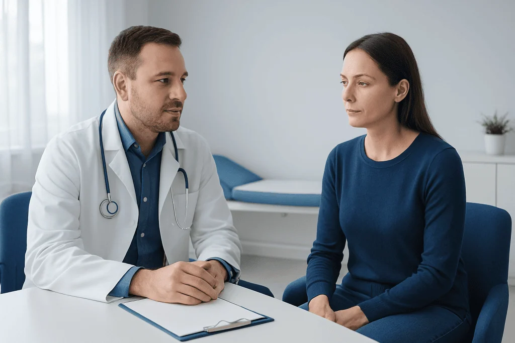 Doctor consulting with a female patient in a modern clinic setting.