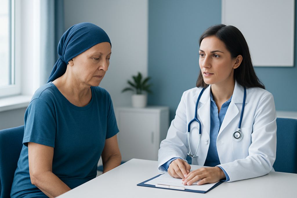 Doctor consulting with a patient undergoing chemotherapy treatment.