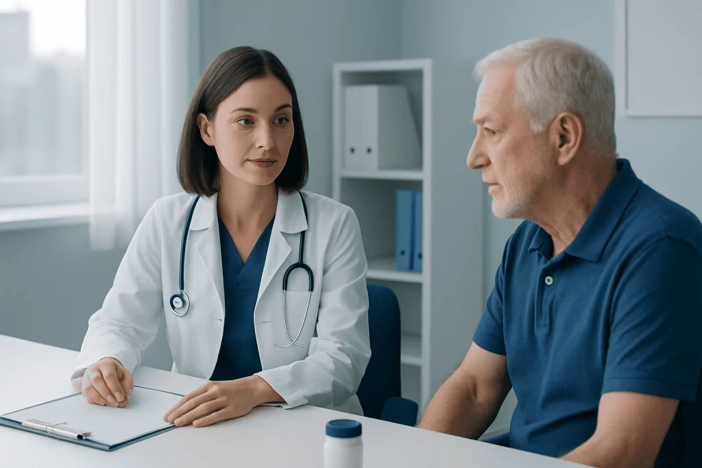 Doctor consulting with a patient in a modern medical office.