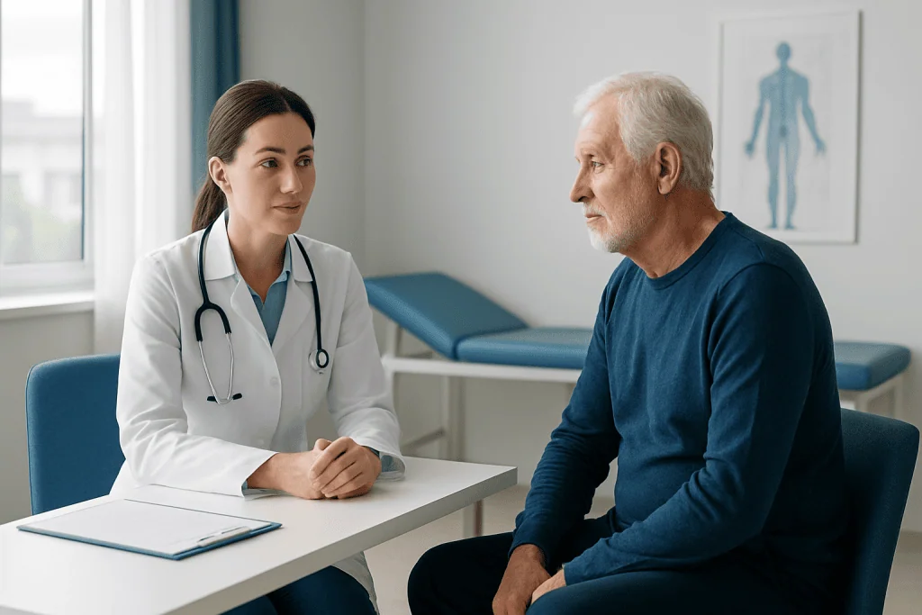 Doctor consulting with an elderly male patient in a medical office.