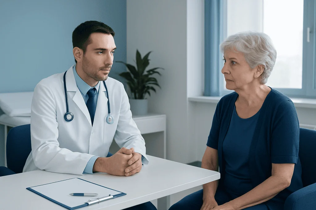 Doctor consulting with elderly woman in a medical office.