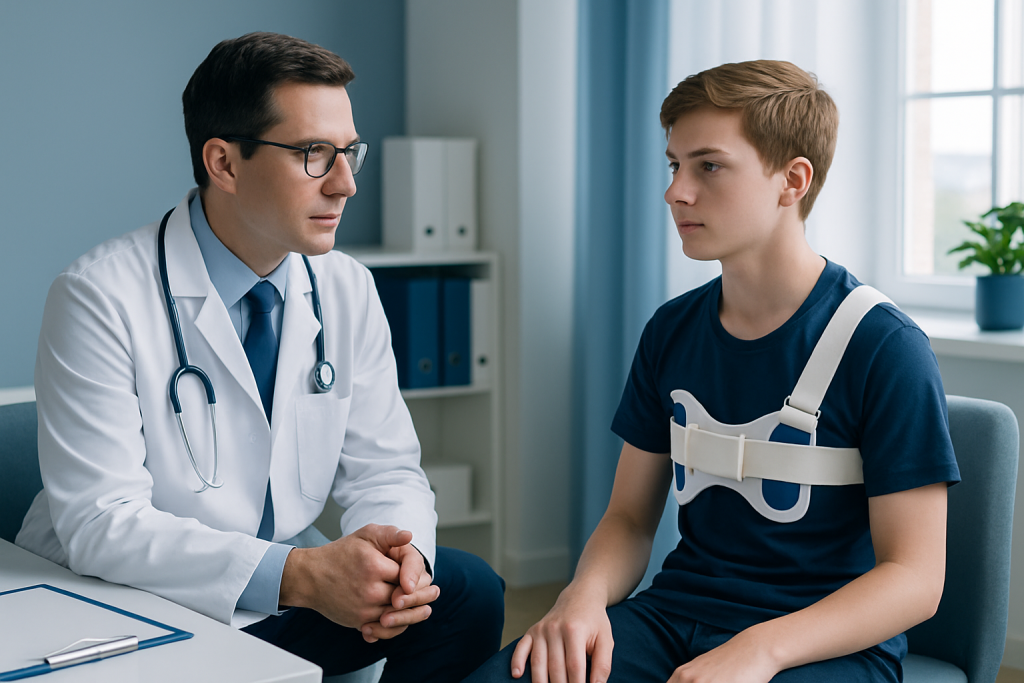 Doctor consulting with a young patient in a medical office.