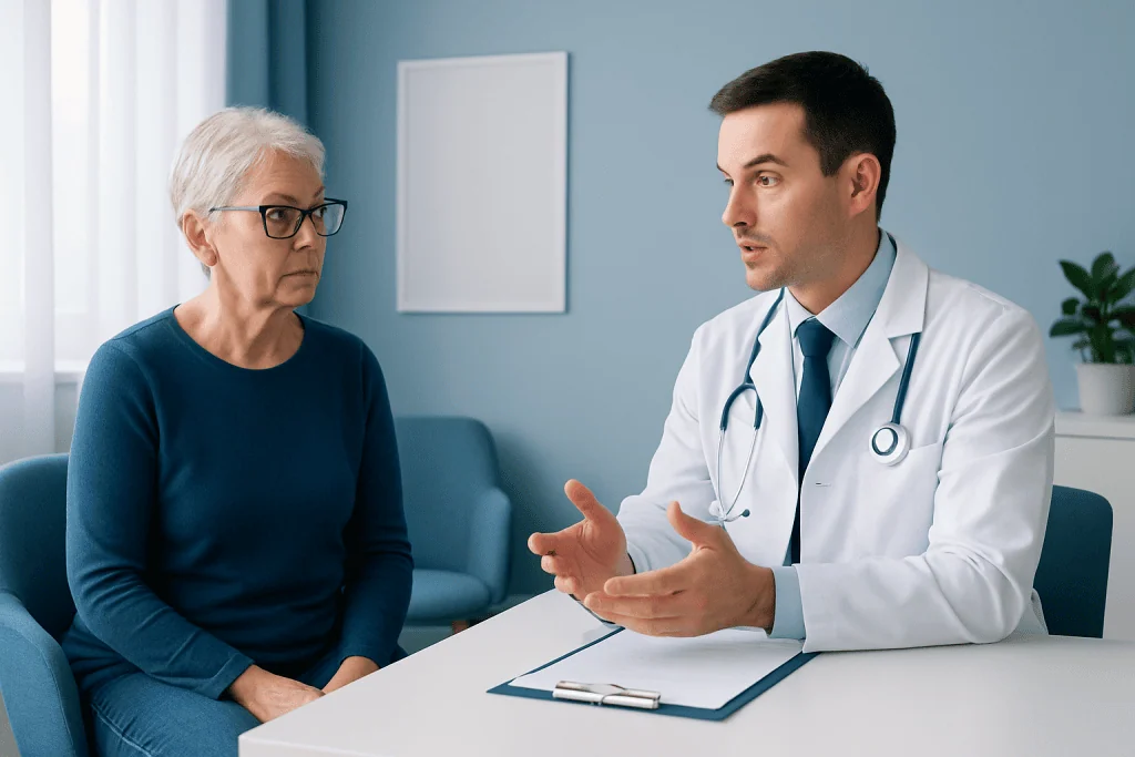 Doctor explaining health options to an elderly woman in a consultation room.
