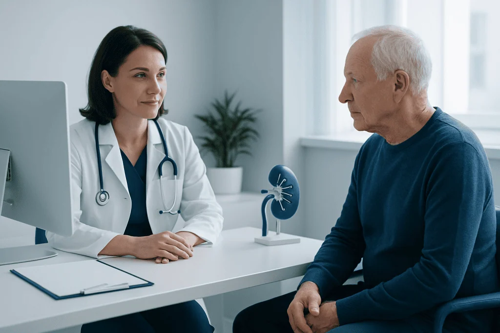 Doctor consulting with an elderly male patient in a medical office.