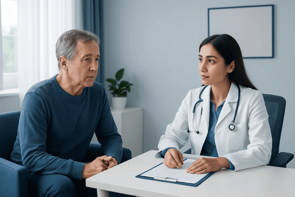 Doctor consulting with an elderly male patient in a medical office.