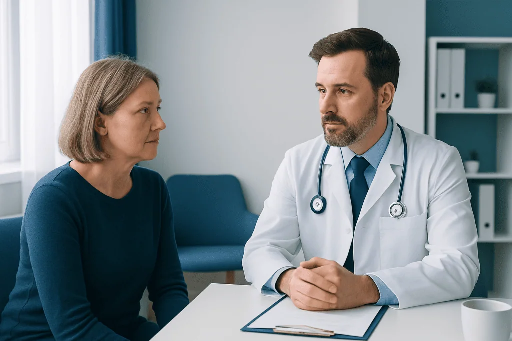 Doctor consulting with a female patient in a medical office.