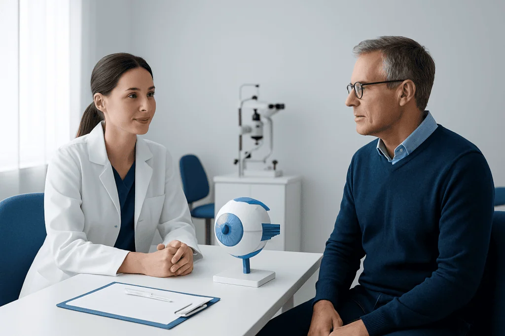 Ophthalmologist consulting with patient about eye health and LASIK procedure.