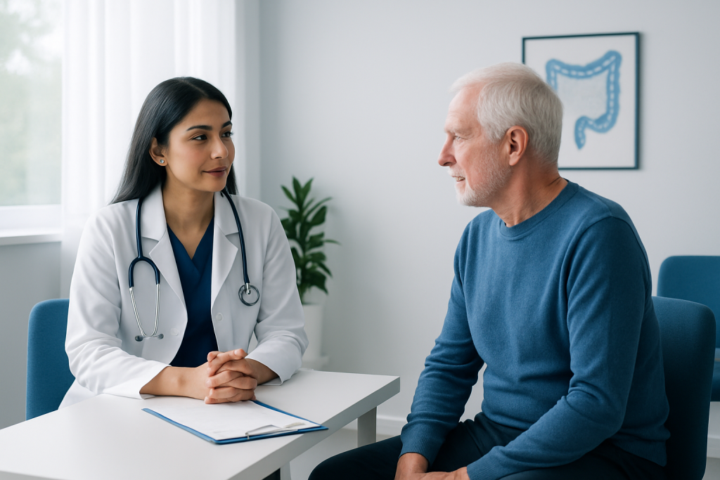 Doctor consulting with an elderly male patient in a medical office.