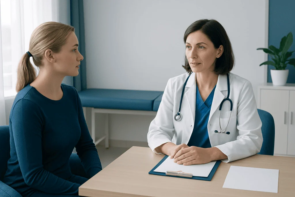 Doctor consulting with a patient in a medical office setting.