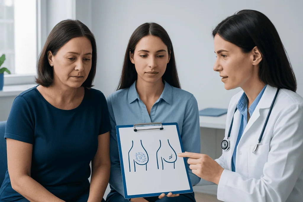 Doctor explaining breast anatomy to two women during consultation.