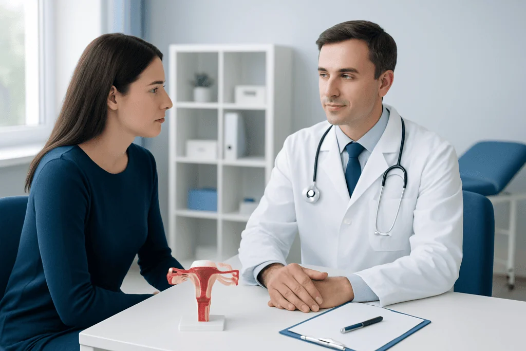 Gynecologist consulting with a patient in a medical office.