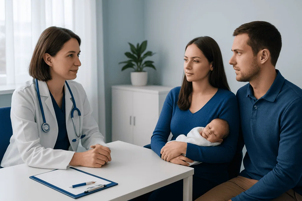 Doctor consulting new parents with newborn in hospital setting.