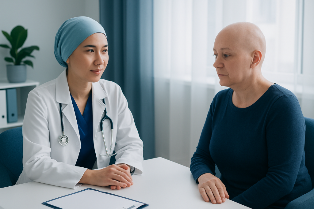 Doctor consulting with a patient about chemotherapy nail changes.