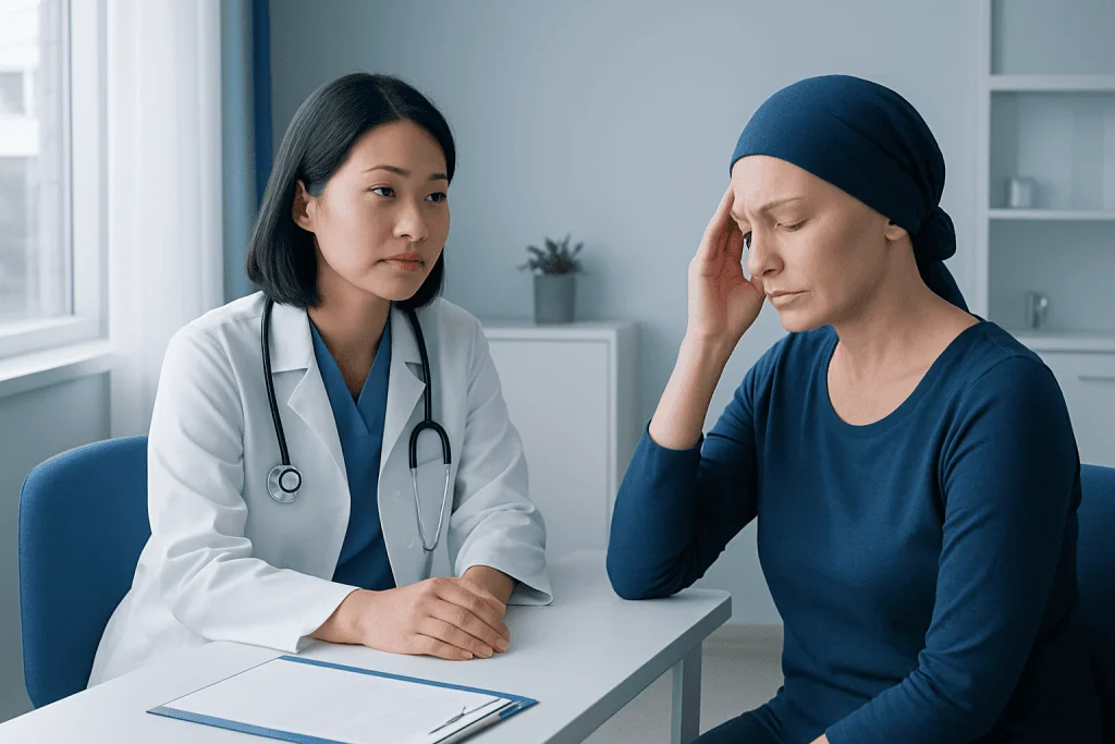 Doctor consulting with a patient experiencing nausea during radiation therapy.