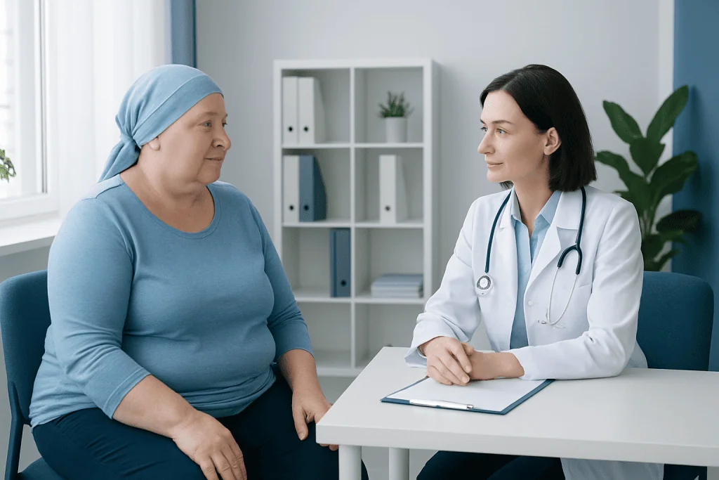 Doctor consulting with a female patient in a medical office.
