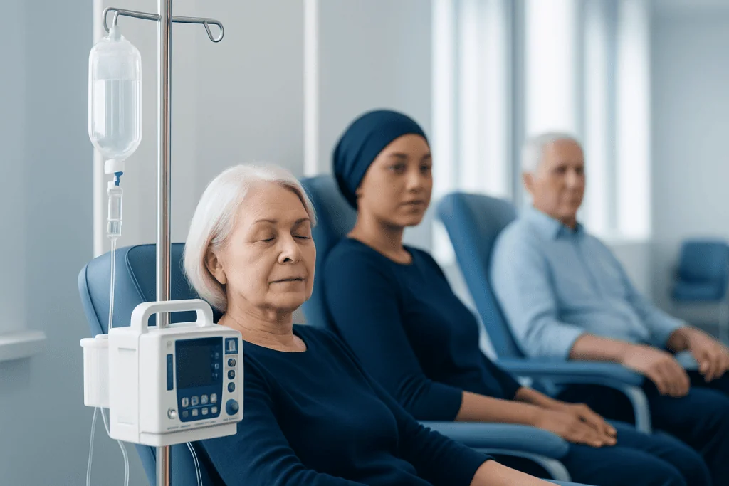 Patients receiving chemotherapy treatment in a hospital infusion room.