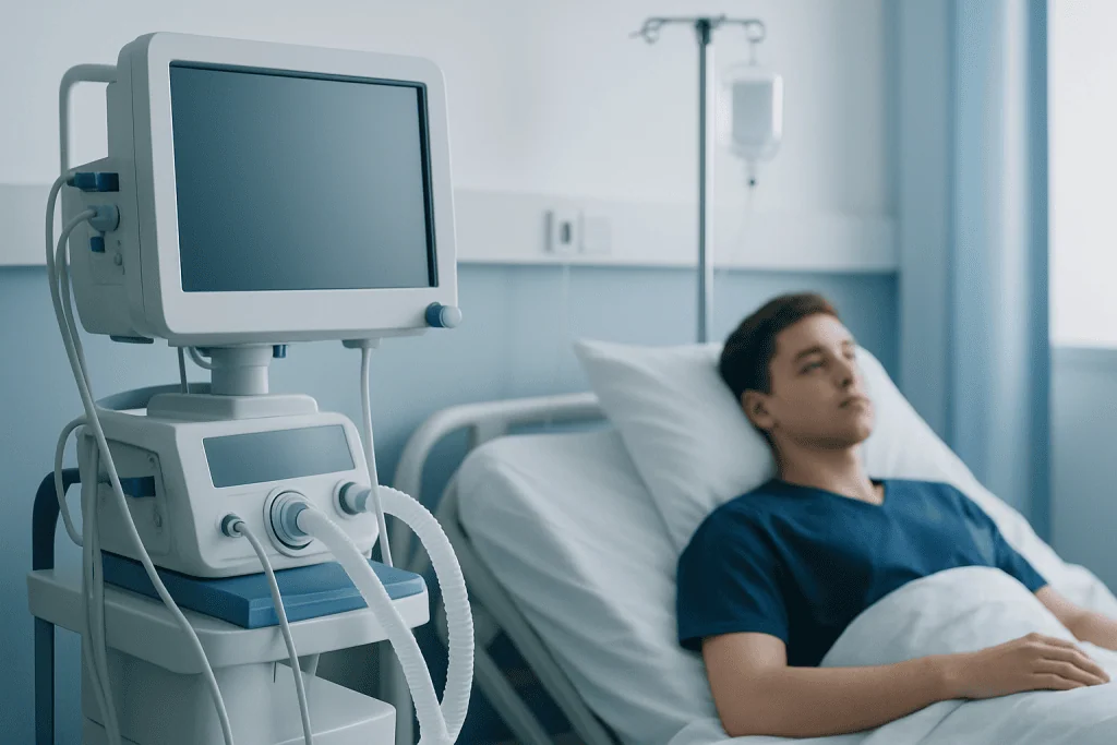 Young male patient in hospital bed with medical monitor nearby.