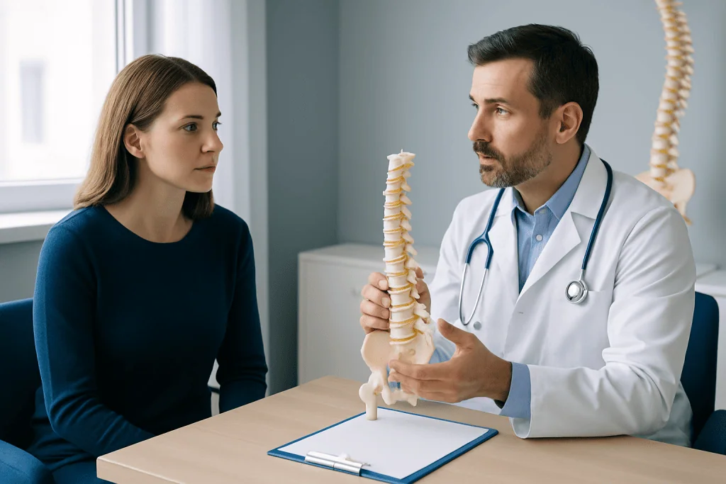 Spine specialist explaining spinal anatomy to a patient in a medical consultation.