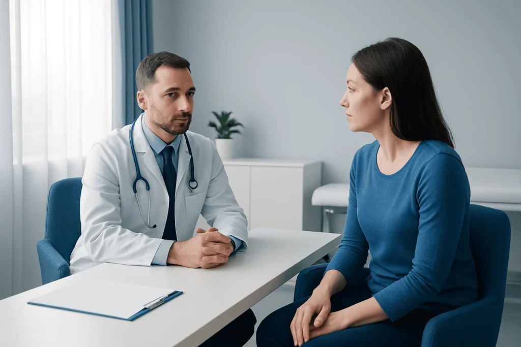 Doctor consulting a patient in a medical office setting.