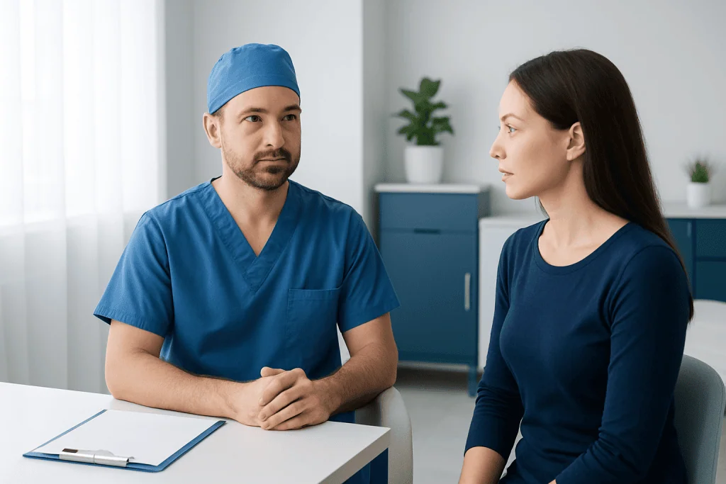 Doctor consulting a patient in a modern medical office setting.