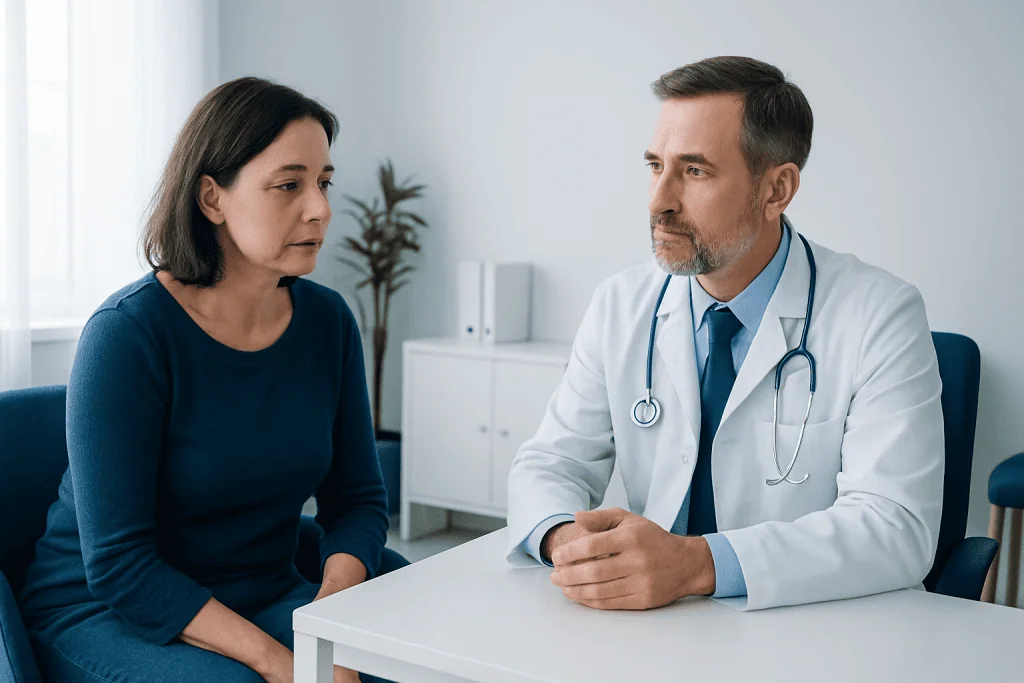 Doctor consulting with a female patient in a medical office setting.
