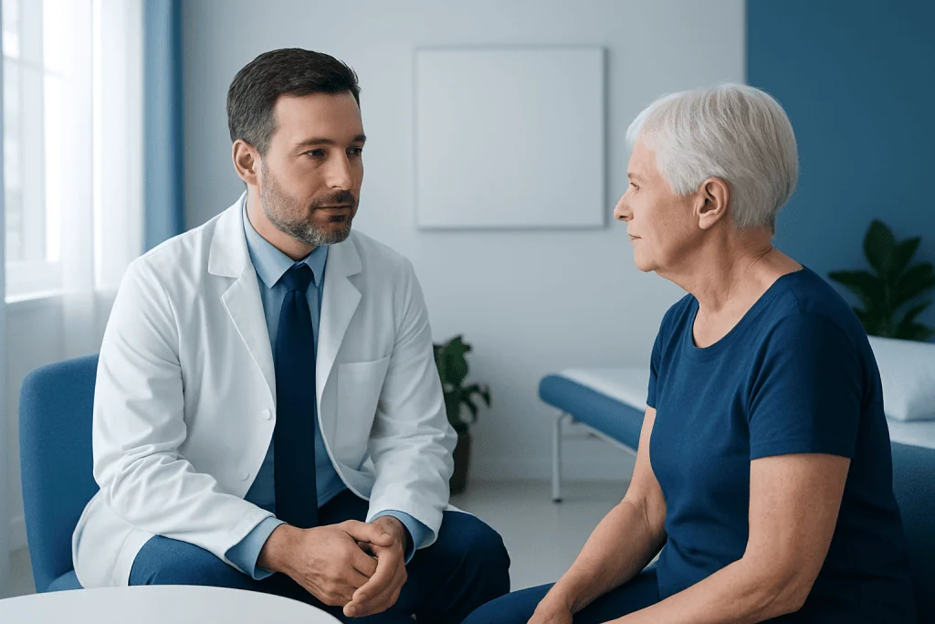 Doctor consulting with elderly patient in a medical office.