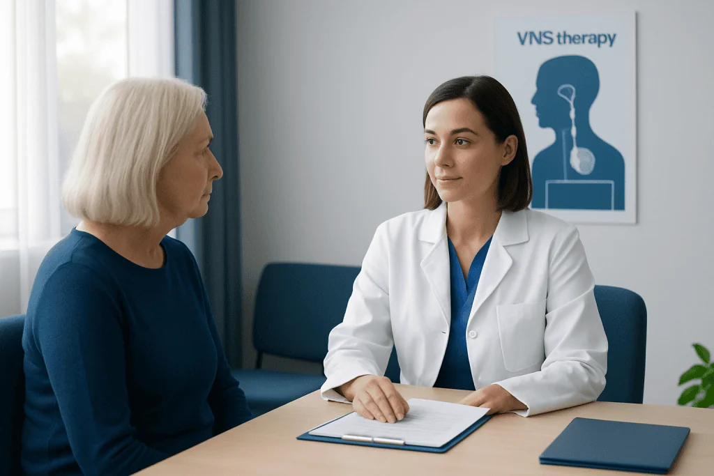 Doctor consulting with a patient about VNS therapy in a medical office.