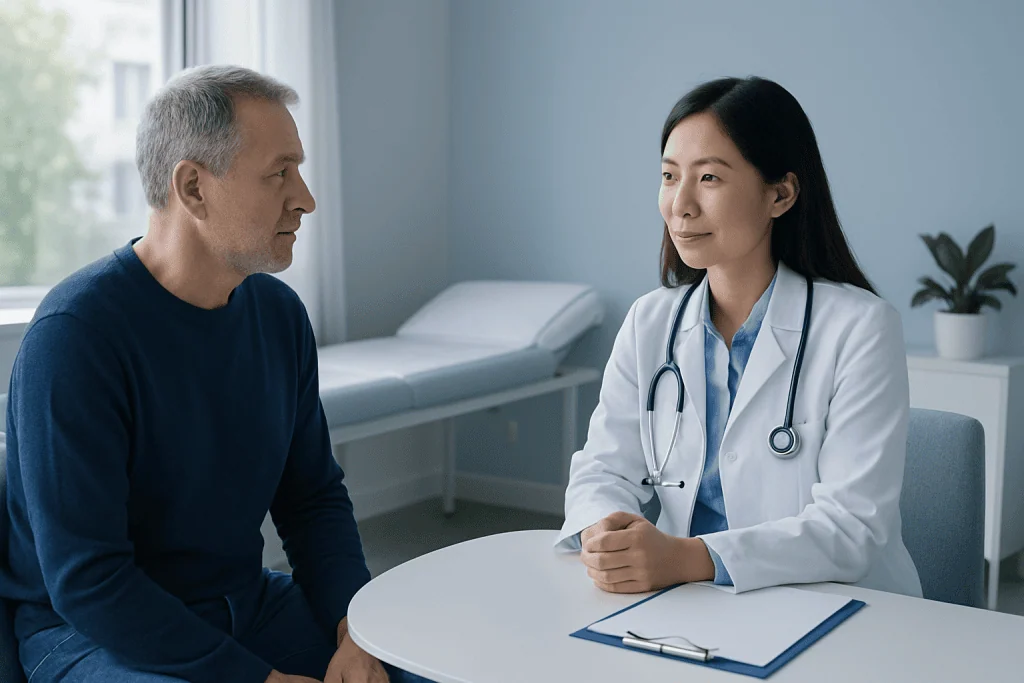Doctor consulting with a male patient in a medical office.