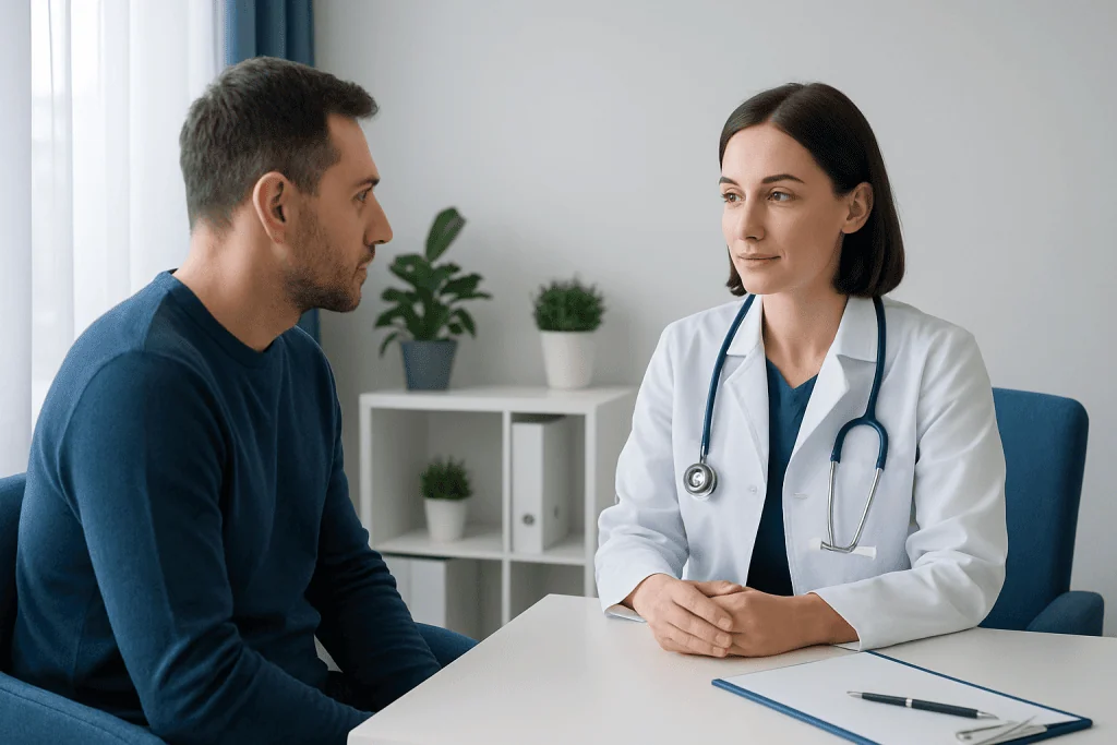 Doctor consulting with a patient in a modern medical office setting.