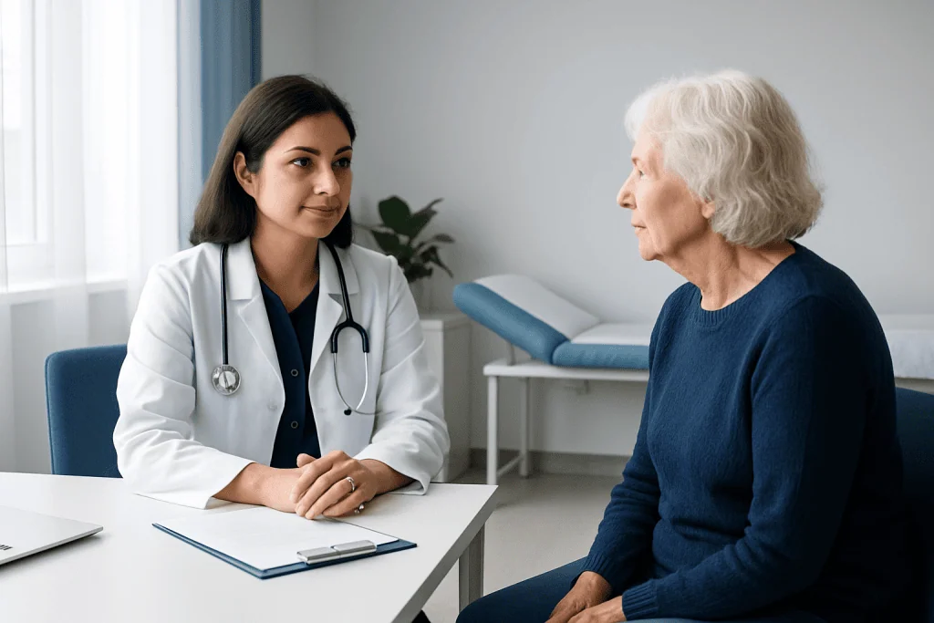 Doctor consulting with elderly patient in a medical office.