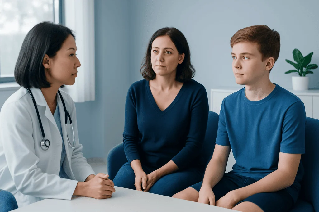 Doctor consulting with a young patient and his mother in a medical office.