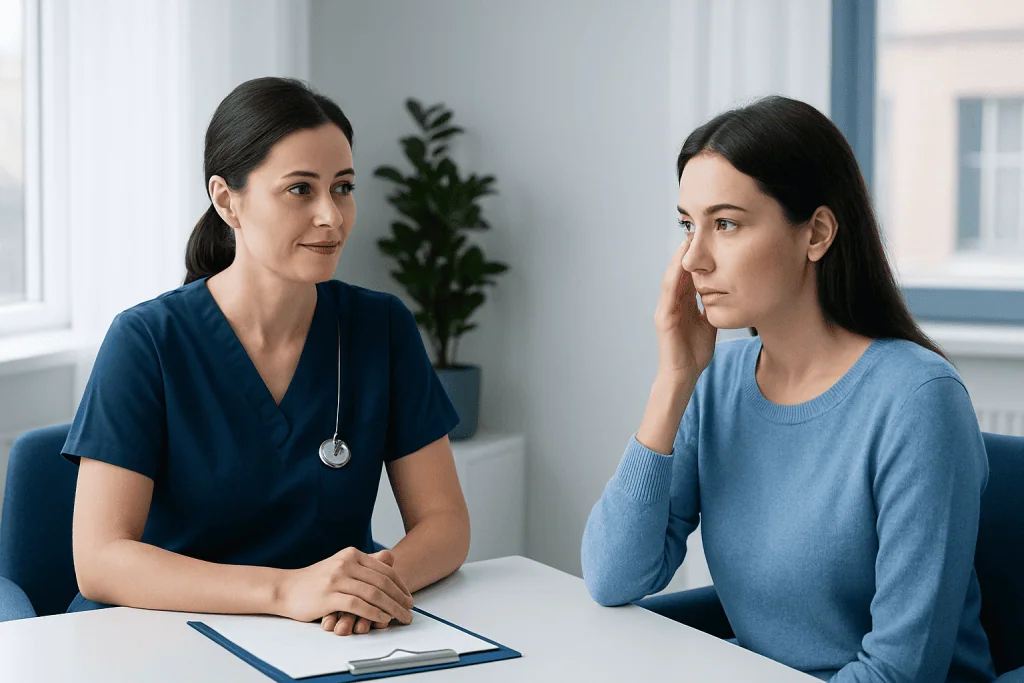 Doctor consulting with patient about under eye laser treatment.