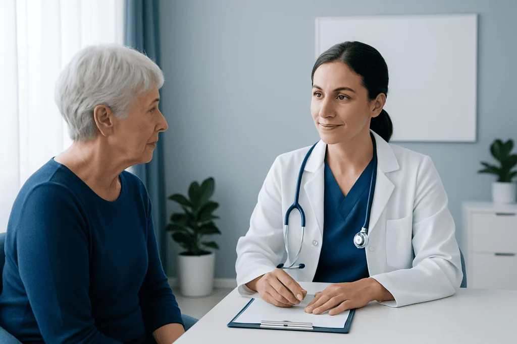 Doctor consulting with an elderly patient in a medical office.