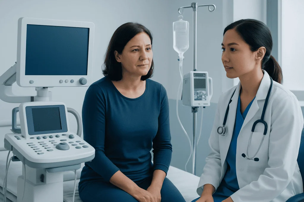 Doctor consulting with a patient in a hospital room with medical equipment.