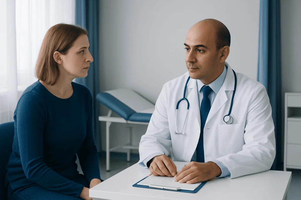 Doctor consulting with a female patient in a medical office setting.