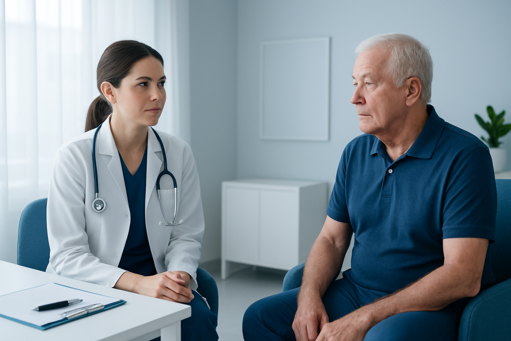 Doctor consulting with an elderly male patient in a clinical setting.