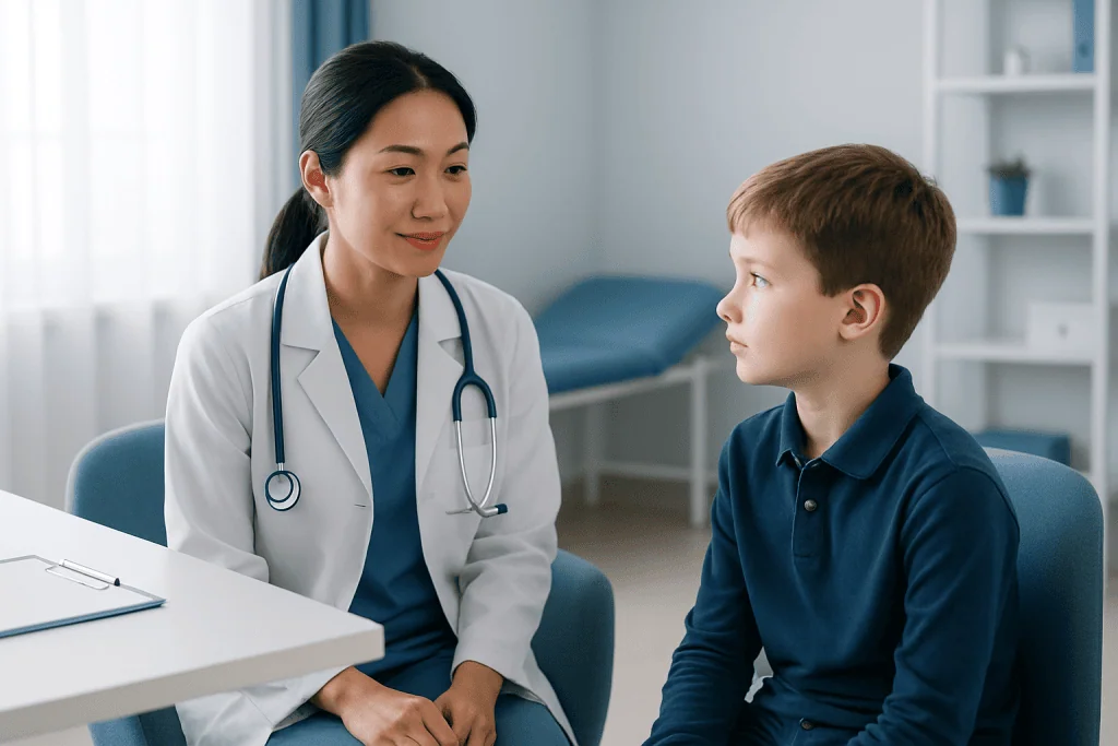 Doctor consulting with a young boy in a medical office at Acibadem Hospitals Group.