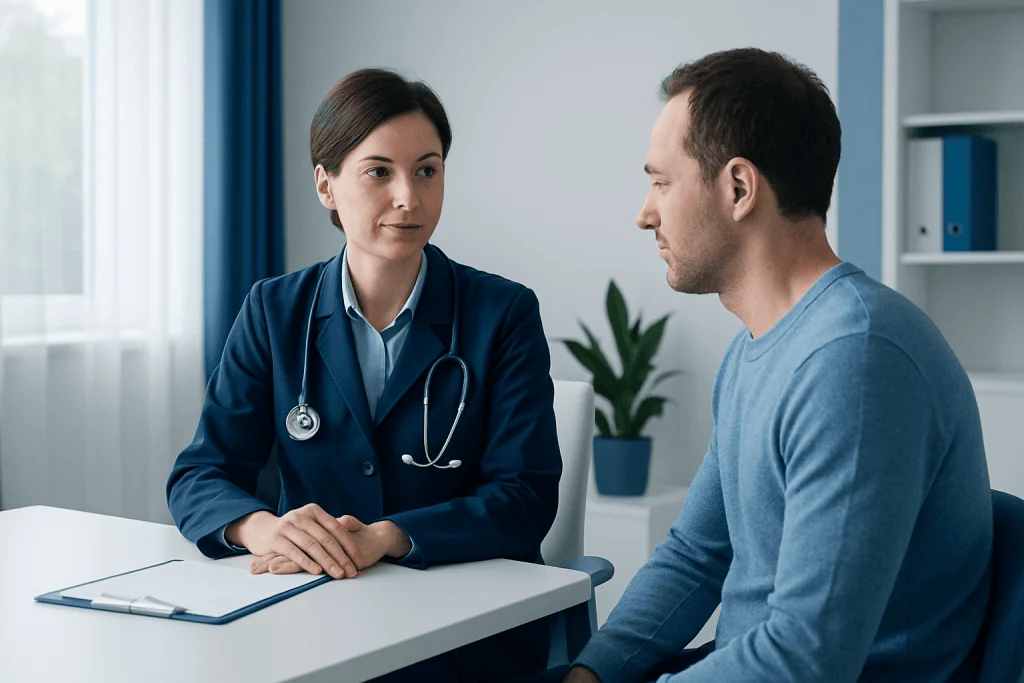 Doctor consulting male patient in a medical office setting.