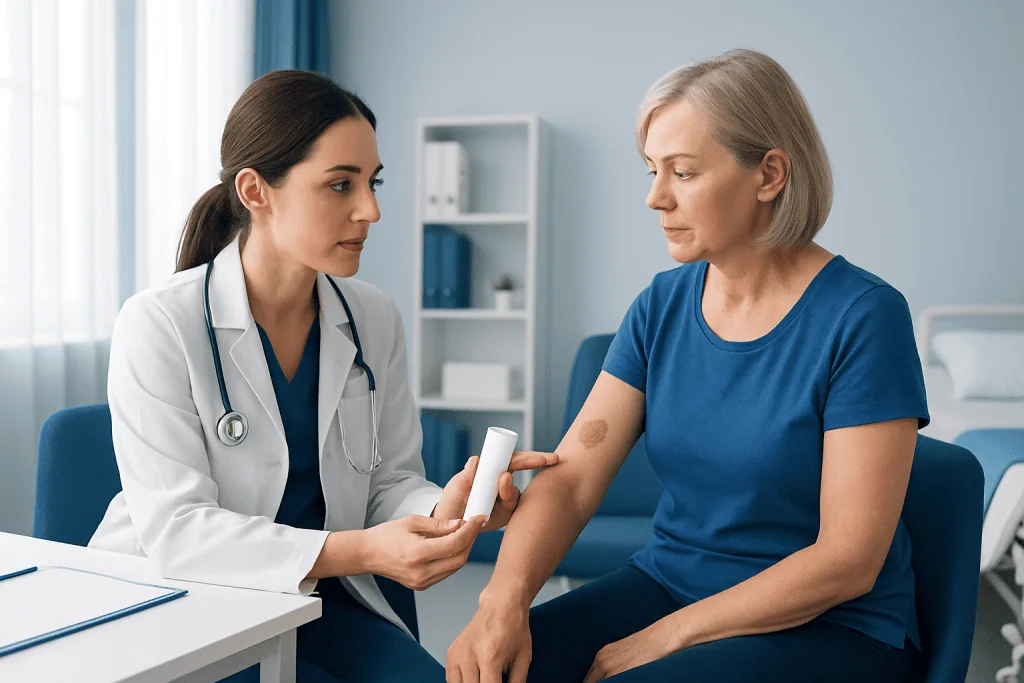 Doctor examining patient's skin with a dermatoscope in a clinical setting.
