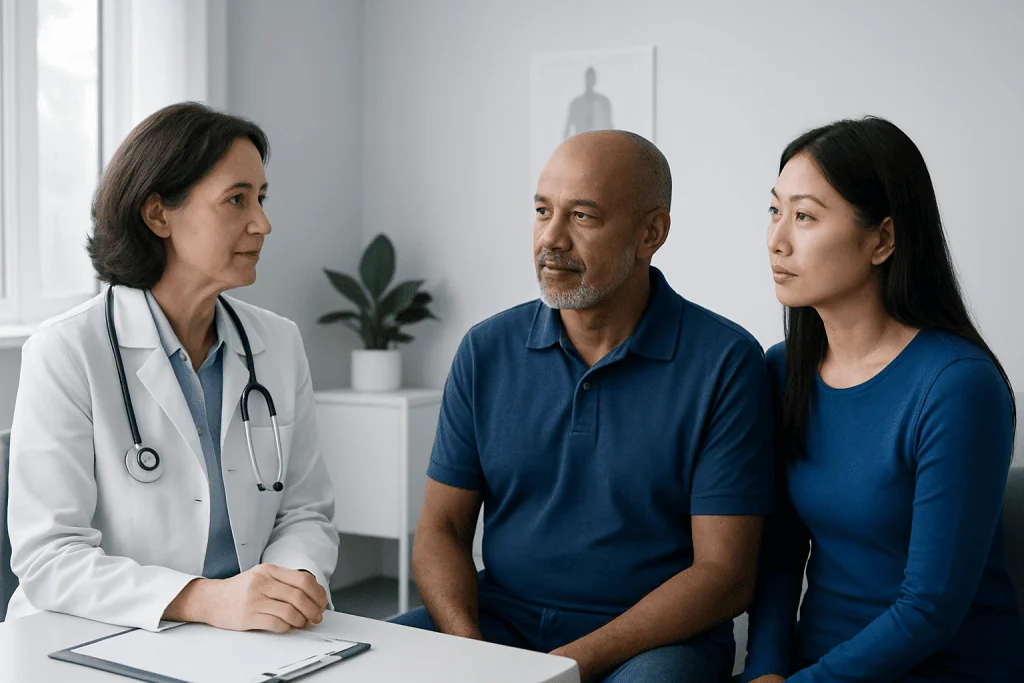 Doctor consulting with a patient and companion in a medical office.